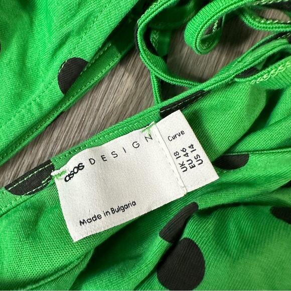 ASOS Design Green & Black Polka Dot Print 3/4 Sleeve Faux Wrap Midi Dress Sz 14 - Picture 6 of 9